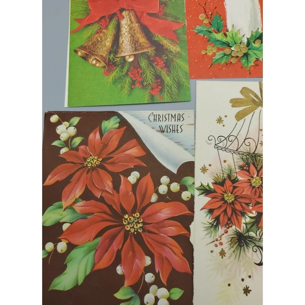13 Old Vintage Used Greeting Card Fronts Crafts Poinsetta Candle Evergreen Holly